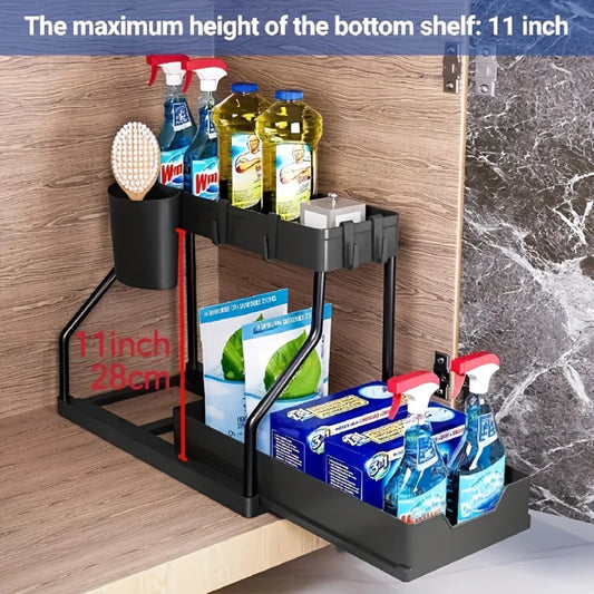 1pc 2-Tier L-Shape Sliding Spice Rack & Under Sink Organizer for Kitchen & Bathroom - Narrow Space Pull Out Cabinet Drawer Organ