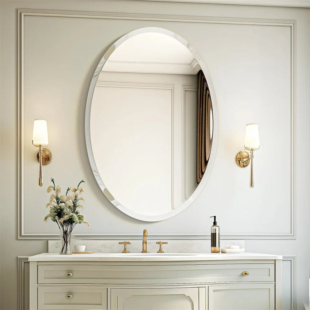 50/60 Length Oval Frameless Bathroom Mirror with Beveled Edge High Definition Vanity Mirror for Living Room Entryway