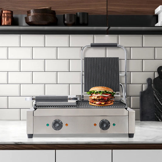 3.6KW Double Commercial Sandwich Press Grill with Knob Temperature Control for Cooking Sandwiches, Sausages, Eggs and Pancakes