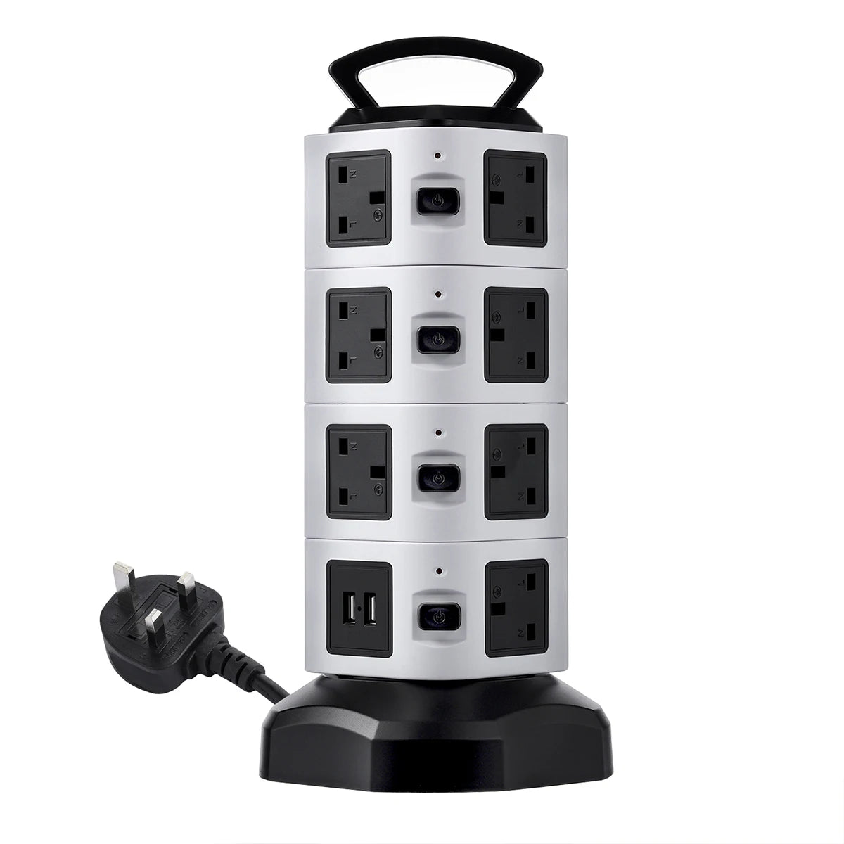 Vertical Power Strip 7/11/15 Ways Tower Socket Surge Protector UK Plug Multi Outlets with 2 USB 2m Extension Cable Home Office