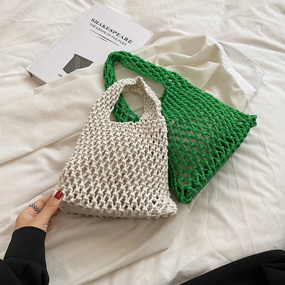 Women Braid Handbag Cotton Linen Top Handle Bag Woven Basket Bag Net Shopper Bag