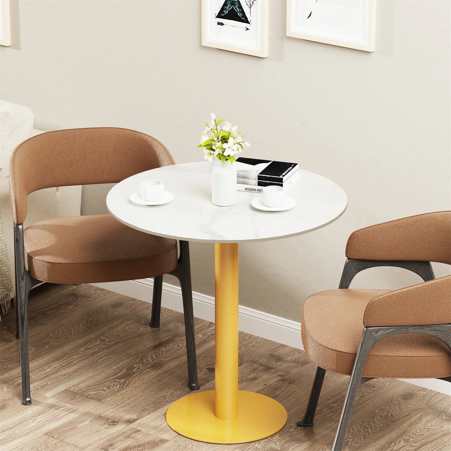 Round Cocktail Table with Metal Base, Cocktail Table, Sintered Stone Top, Kitchen and Dining Counter, 31 in Diameter