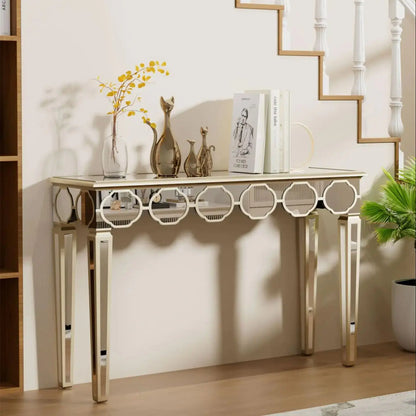 48'' Console Table Rectangular Silver Mirrored Entryway Table with Gold Rim Decor