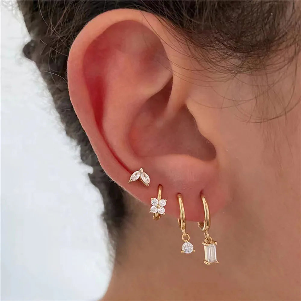 4PCS Flower Square Earrings Set for Women Girl Luxury Zircon Stainless Steel Cartilage Piercing Hoop Earring Statement Jewelry