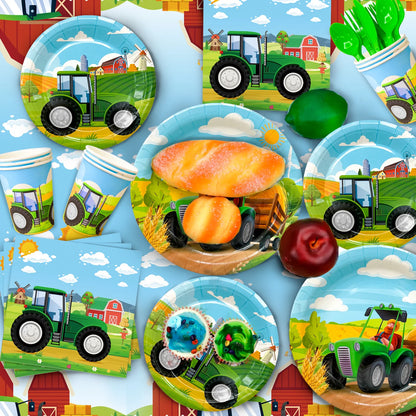 Tractor Birthday Party Supplies,130 pcs Decorations Tableware Pack-Tractor Plates and Napkins Cups Tablecloth&Banner etc