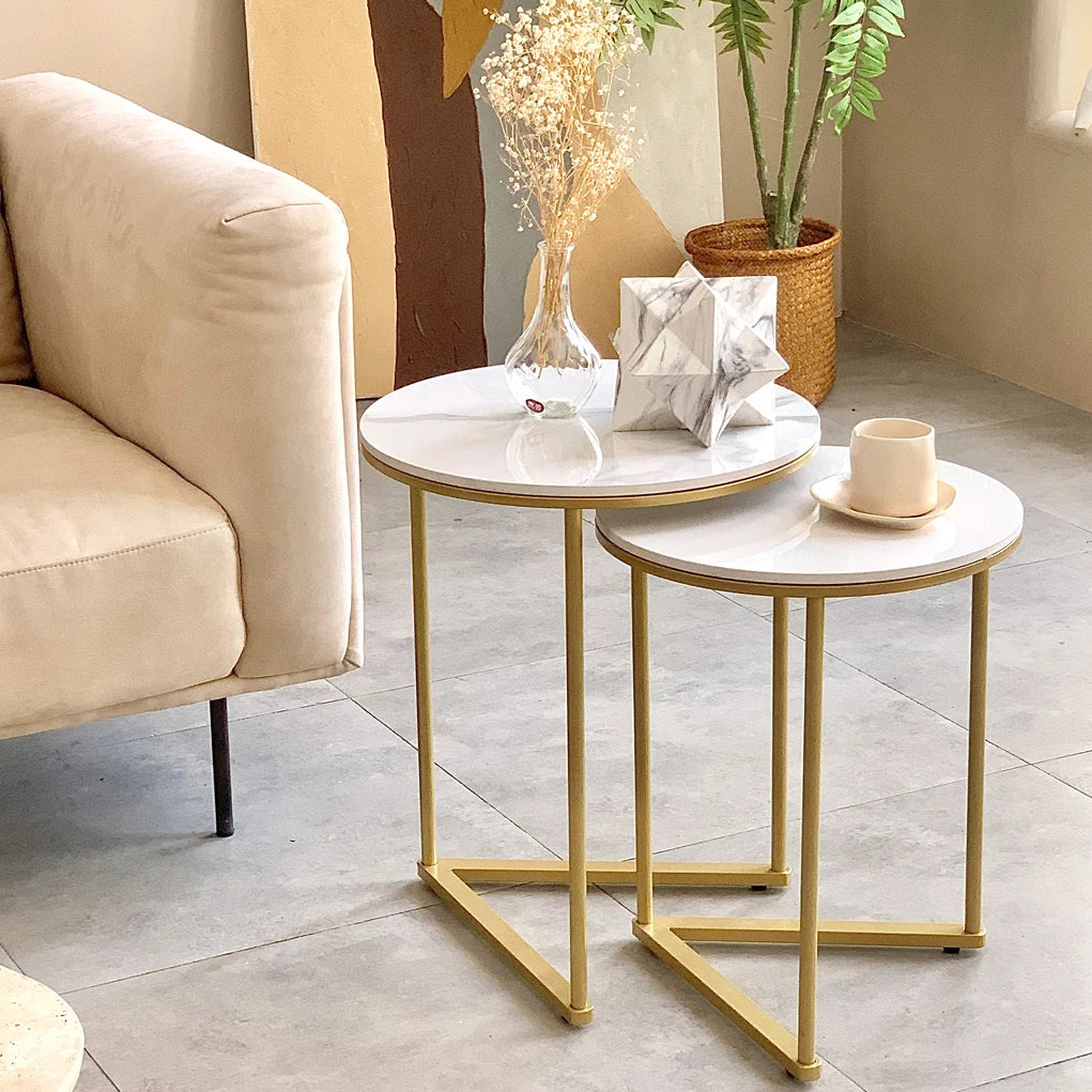 Round Nesting Sofa Side End Table with Gold Metal Frame, High Grade Marble Stone, Coffee Table, 2Pcs