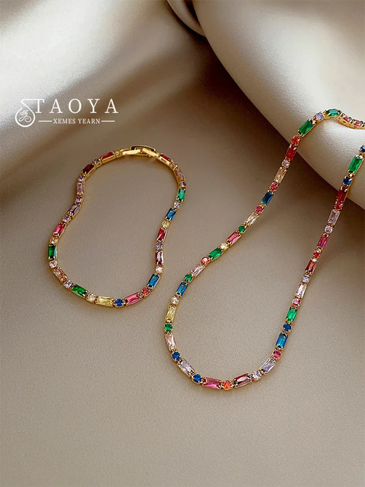 2024 Luxury Design Colorful Zircon Chain Necklace Bracelet Jewelry Sets Korean Fashion Accessories Exquisite Gift for Womens