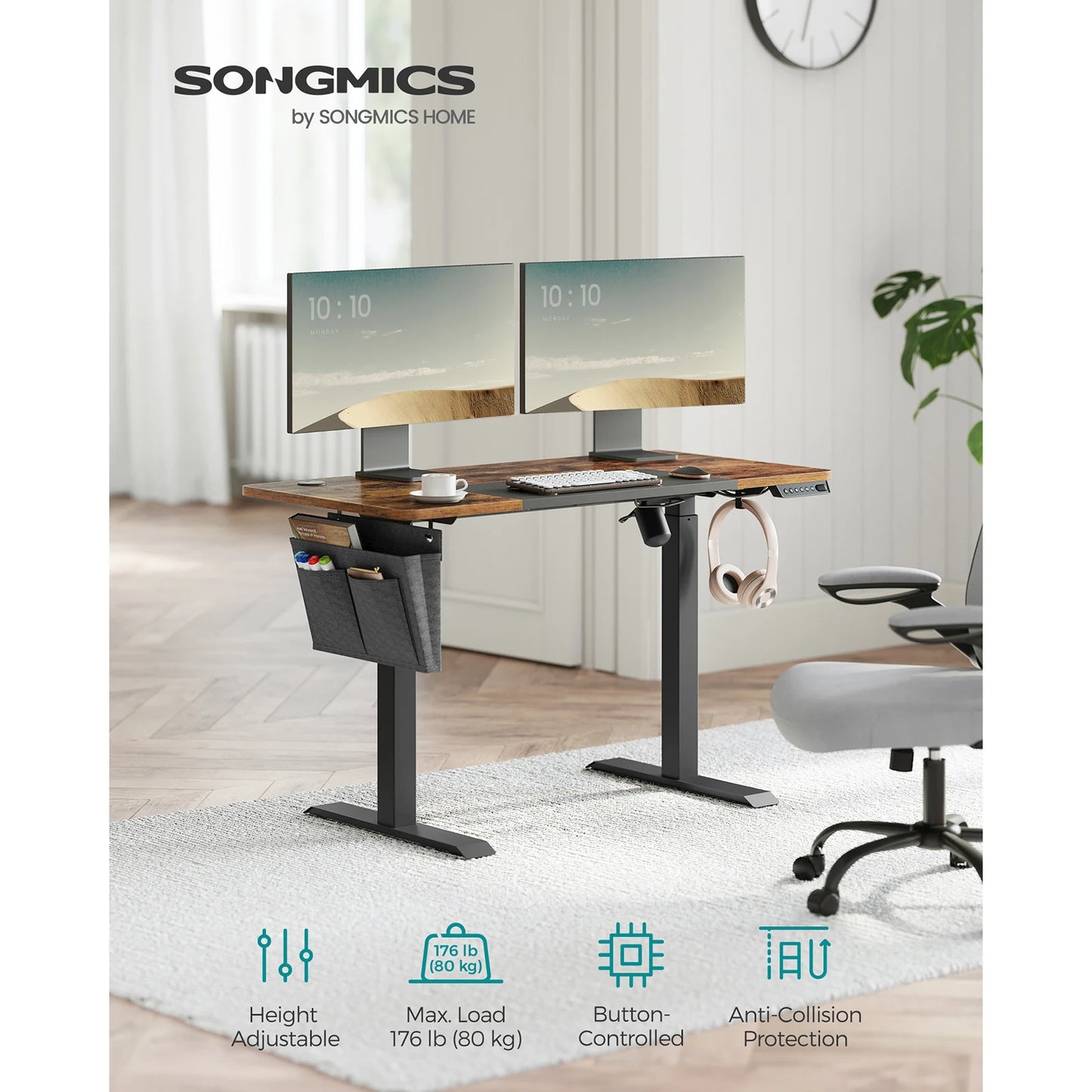 SONGMICS Electric Standing Desk, Height Adjustable Desk, 60 x 120 x (72-120) cm,Spliced Tabletop, 4 Memorable Heights