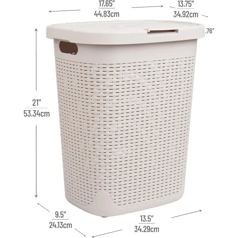 50L Slim Laundry Hamper, Clothes Basket, Lid, Wicker Design, Plastic, 17.65"L x 13.75"W x 21"H