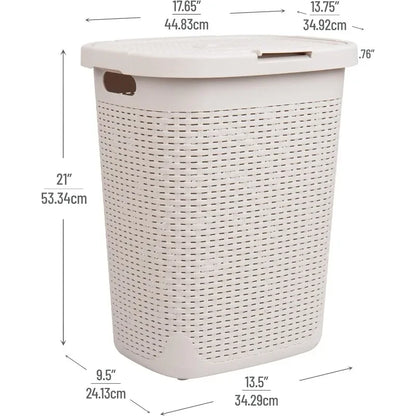 50L Slim Laundry Hamper, Clothes Basket, Lid, Wicker Design, Plastic, 17.65"L x 13.75"W x 21"H