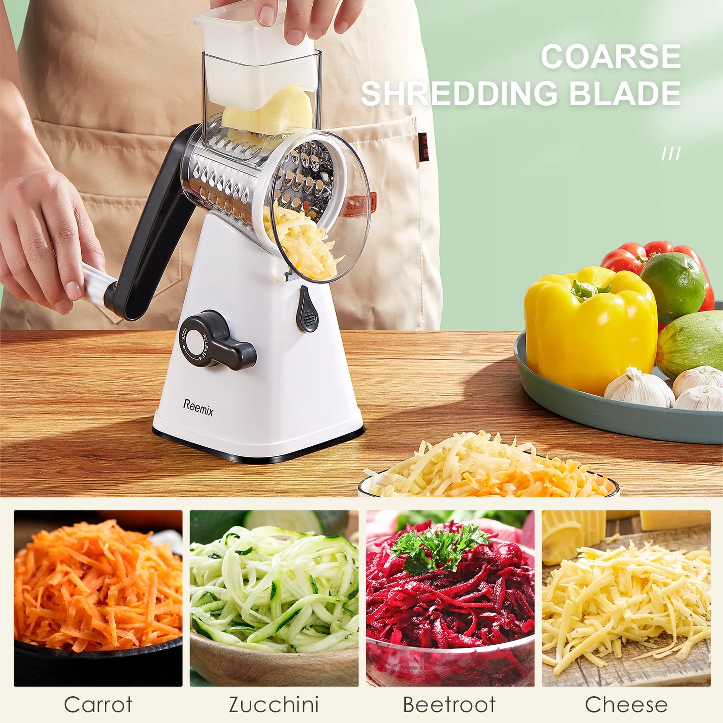 Rotary Cheese Grater, Reemix Rotary Vegetable Slicer, Rotary Kitchen Mandoline Vegetable Slicer with 3 Replaceable Stainless Ste