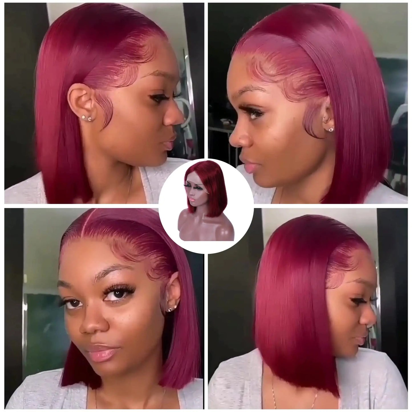 200% 13x6 Burgundy HD Transparent Short Bob Human Hair Wigs Color 99J Red Bone Straight Lace Front Wig For Women Pre Plucked