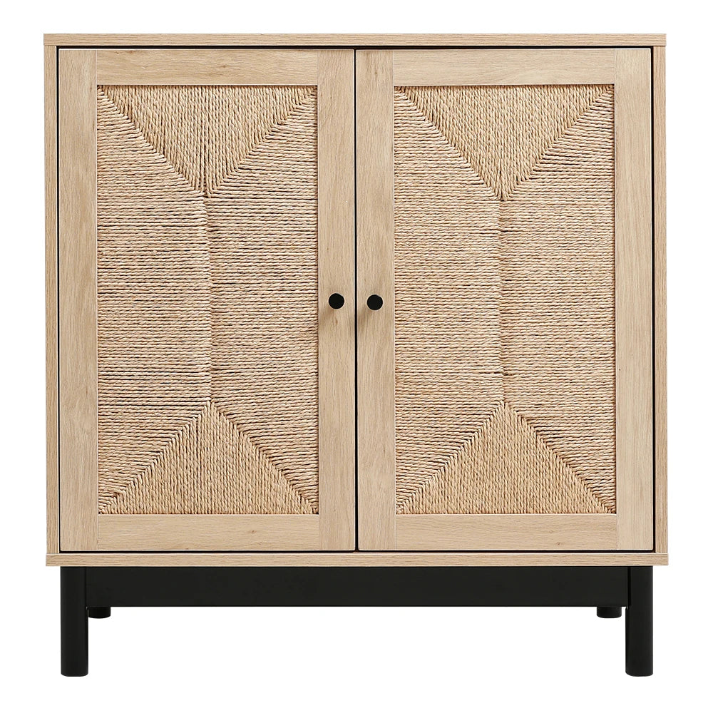 Rustic Wooden Sideboard with Woven Doors, 77cm W x 40cm D x 80.5cm H