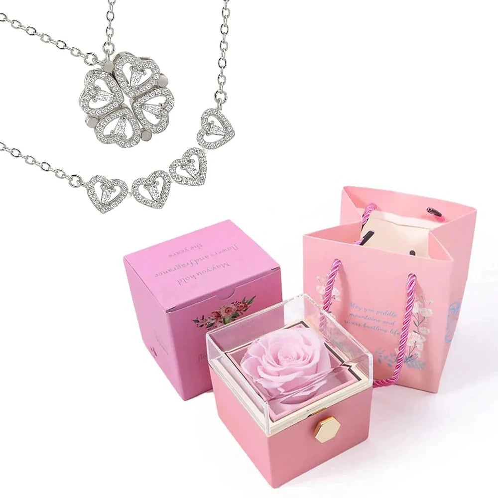 Rotating Rose Box-4 Clover Magnetic Heart Necklace Accept Drop Shipping with Free Shipping