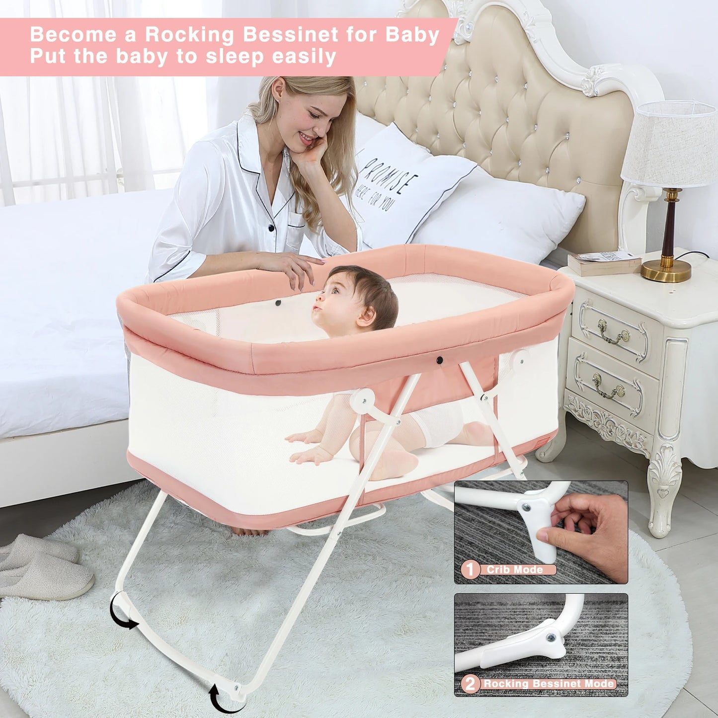 UBRAVOO Baby 2 in 1 Cribs and Cradles, Easy Folding Travel Cot with Mattress Multifunction Bedside Rocking for Newborn