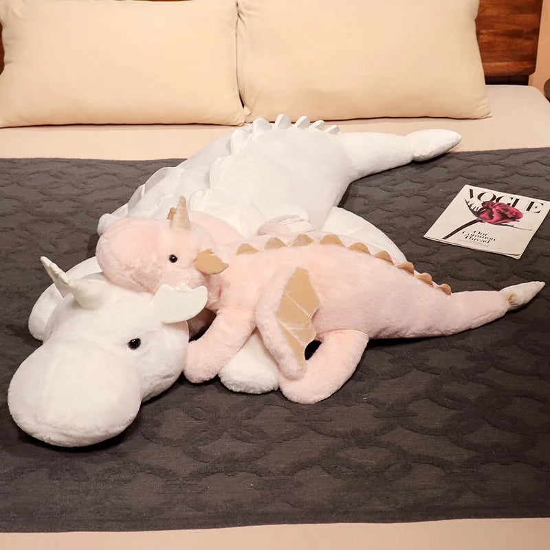 1pc 70-150cm Giant White Dragon Plush Toy With Unicorn Horn Flying Wings Dragons Dinos Hug Throw Pillow Dinos Nap Sleeping Gift