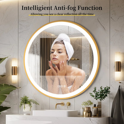 24/32 Inch Gold Frame LED Bathroom Mirror 3 Colors Temperature Wall Mounted Vanity Mirror Fast Defagging