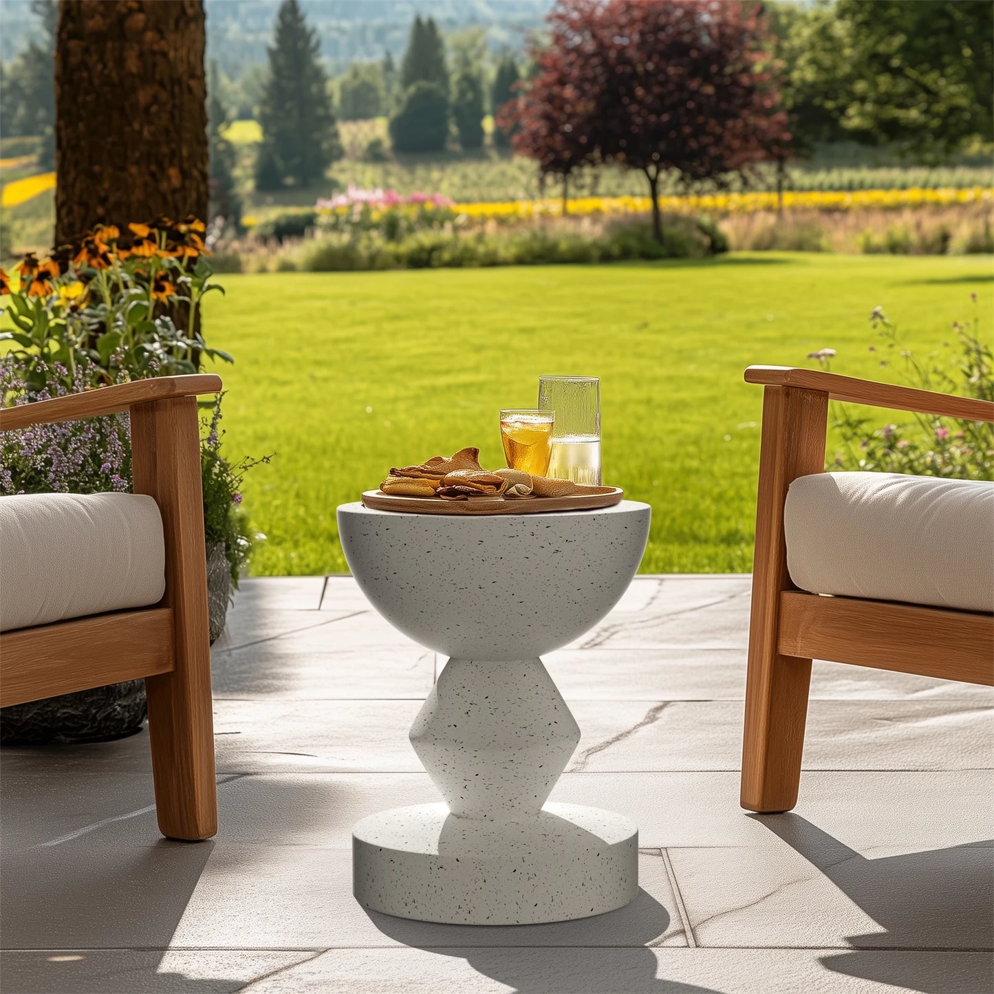 Outdoor Concrete Side Table 43CM Tall Accent End Table Garden Stool for Living Room, and Patio