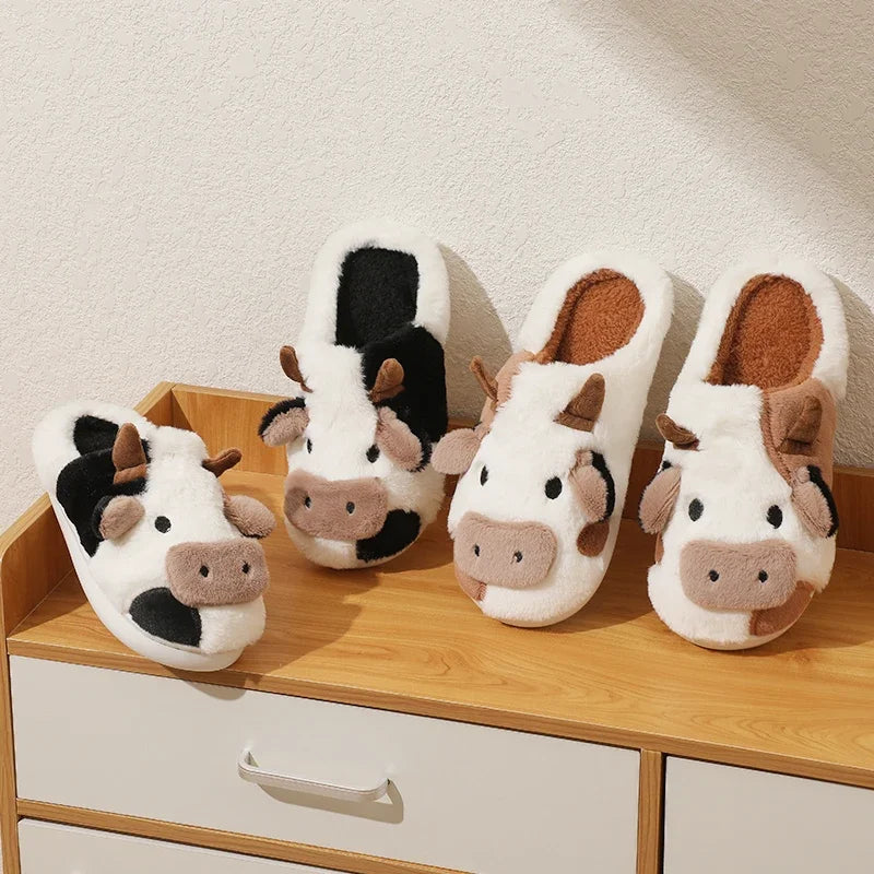 New Winter Unisex Cartoon Cow Warm Plush Slippers Couple's Indoor Non-slip House Slides Men And Women Toe Wrap Home Cotton Shoes