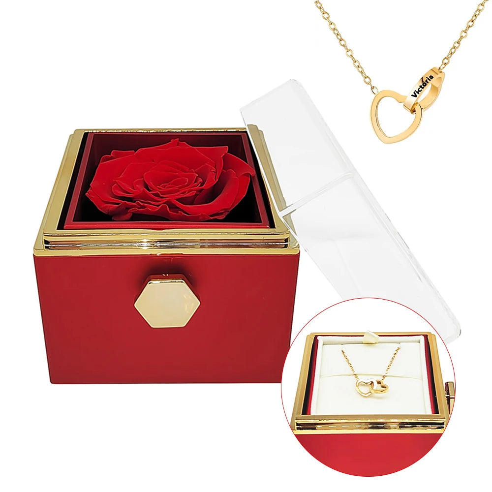 Rotating Jewelry Box with Necklace, Forever Flower Red Preserved Rose Box Mother's Day Birthday for Mom Wife Girlfriend