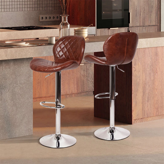 2x Faux Leather Bar Stools Gas Lift Swivel Chrome Metal Base Breakfast Kitchen Chairs Pub