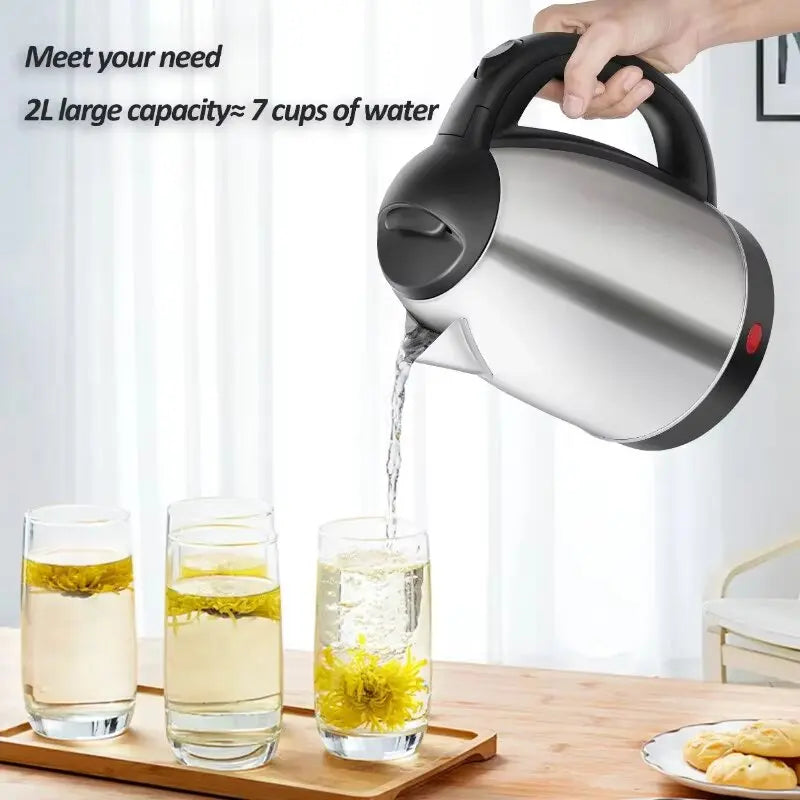 2L 220V Stainless Steel Electric Kettle Silver Black Base Separation Desion Rust-resistant Durable for Home During Travel NEW