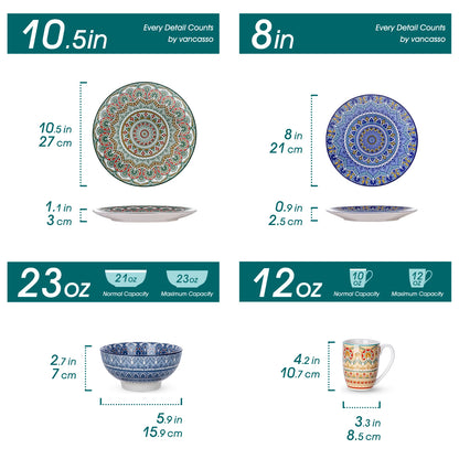 vancasso 16/32/48-PCS Ceremic Plate Porcelain Dinnerware Set Bohemian Mandala Patterned with Dinner Plate,Dessert Plate,Bowl,Mug