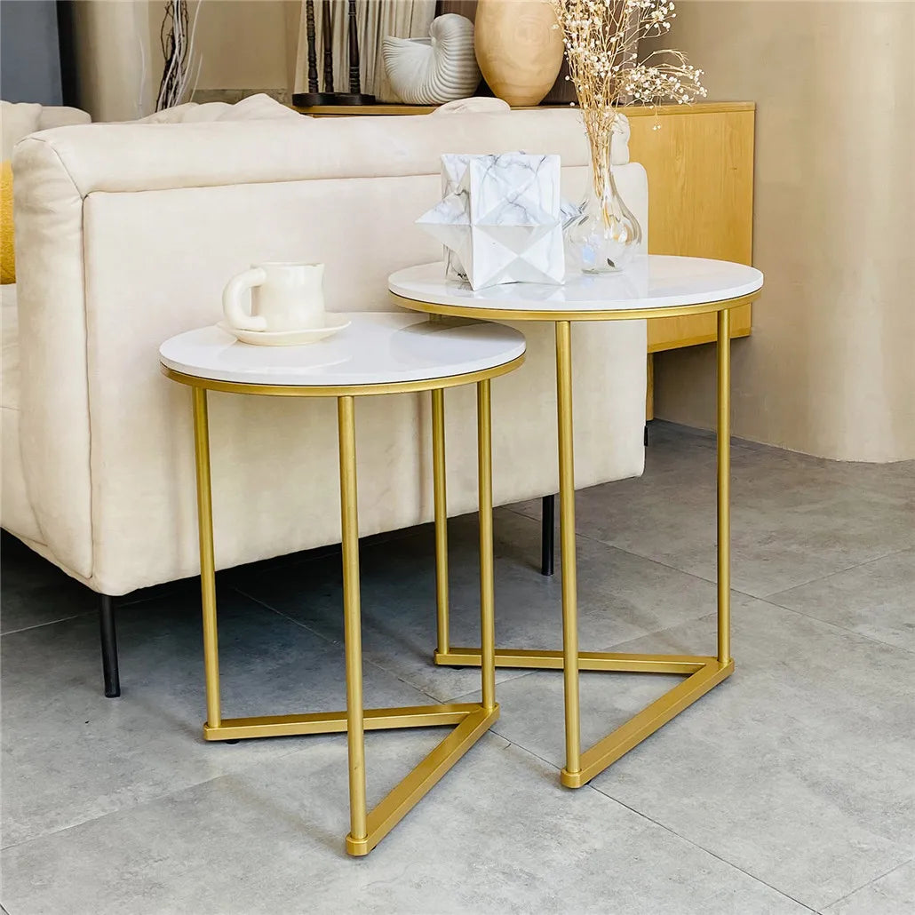 Modern Round Marble Metal Base Nesting Set Side Accent Table Living Room Storage Small End Table, Set of 2, Marble and Gold