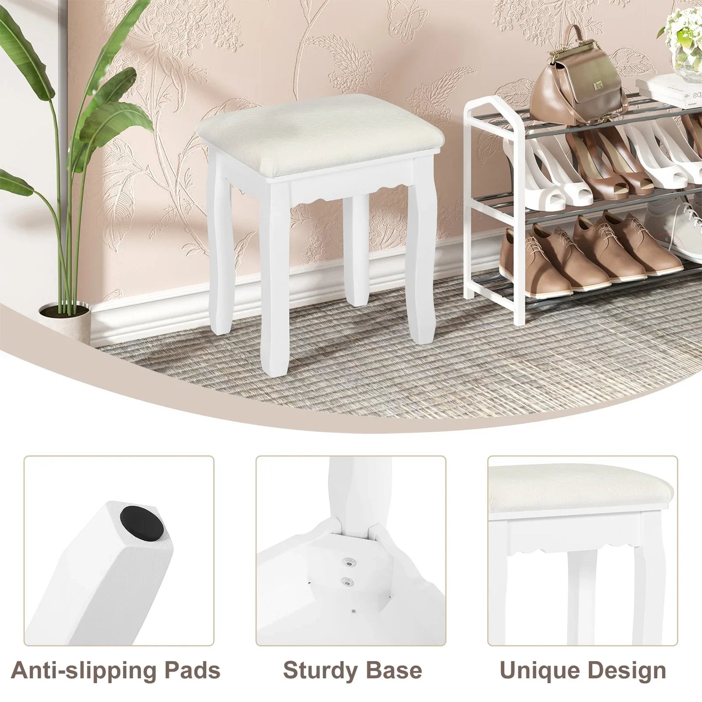 1PC Baroque Style White Dressing Stool 38x28.5x45cm Velvet Upholstered Makeup Vanity Chair Piano Bench Pouf for Bedroom