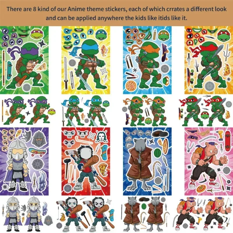 16Sheets Ninja Turtles TMNT Children DIY Puzzle Sticker Face Funny Anime Stickers Kids Assemble Stickers Toys Boys Girls Gifts