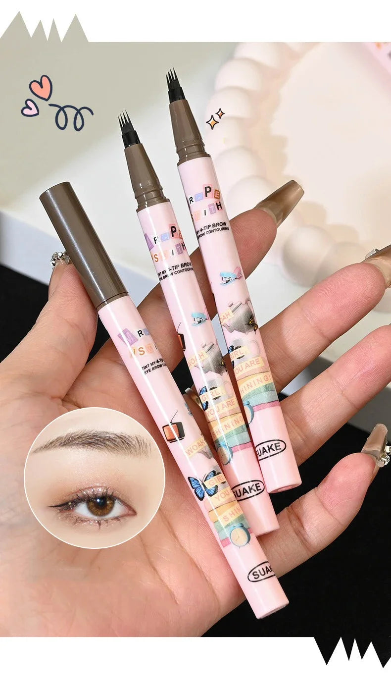 4 Colors Eyebrow Pen Waterproof 4 Fork Tip Eyebrow Tattoo Pencil Cosmetic Long Lasting Natural Dark Brown Liquid Eye Brow Pencil