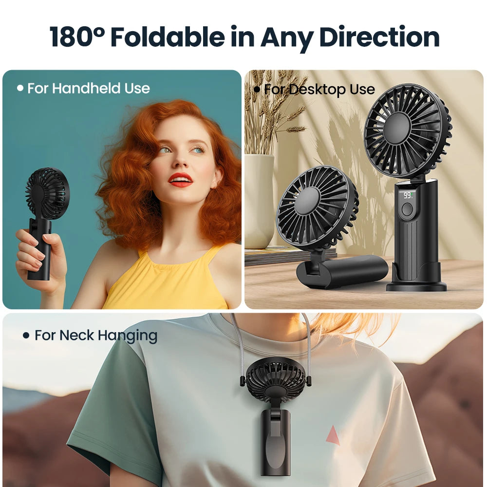 TOPK Portable Handheld Fan 5000mAh USB Rechargeable Foldable Fan 3 in 1 Personal Travel Fan with Digital Display Desk Fan