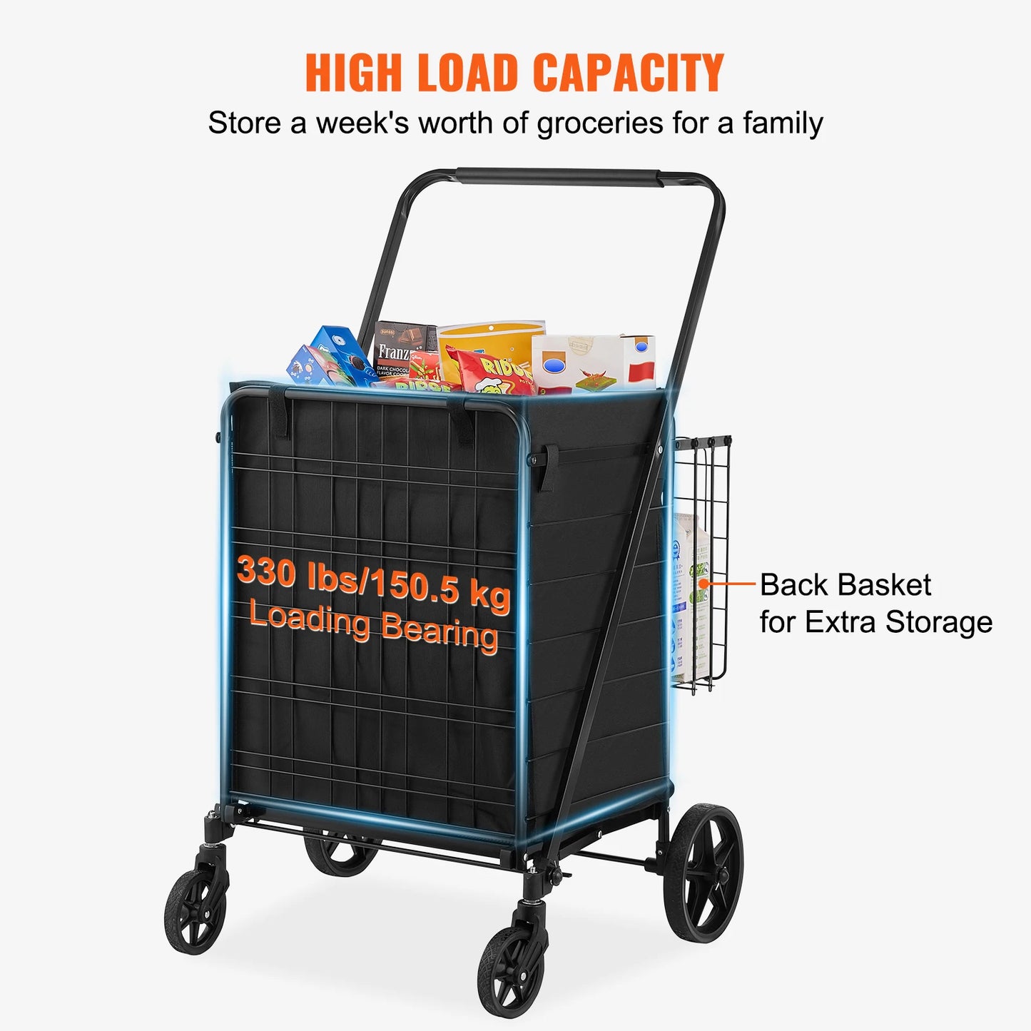 VEVOR Folding Shopping Cart with Removable Waterproof Liner 330LBS Capacity Jumbo Grocery Cart Heavy Duty Utility for Shopping