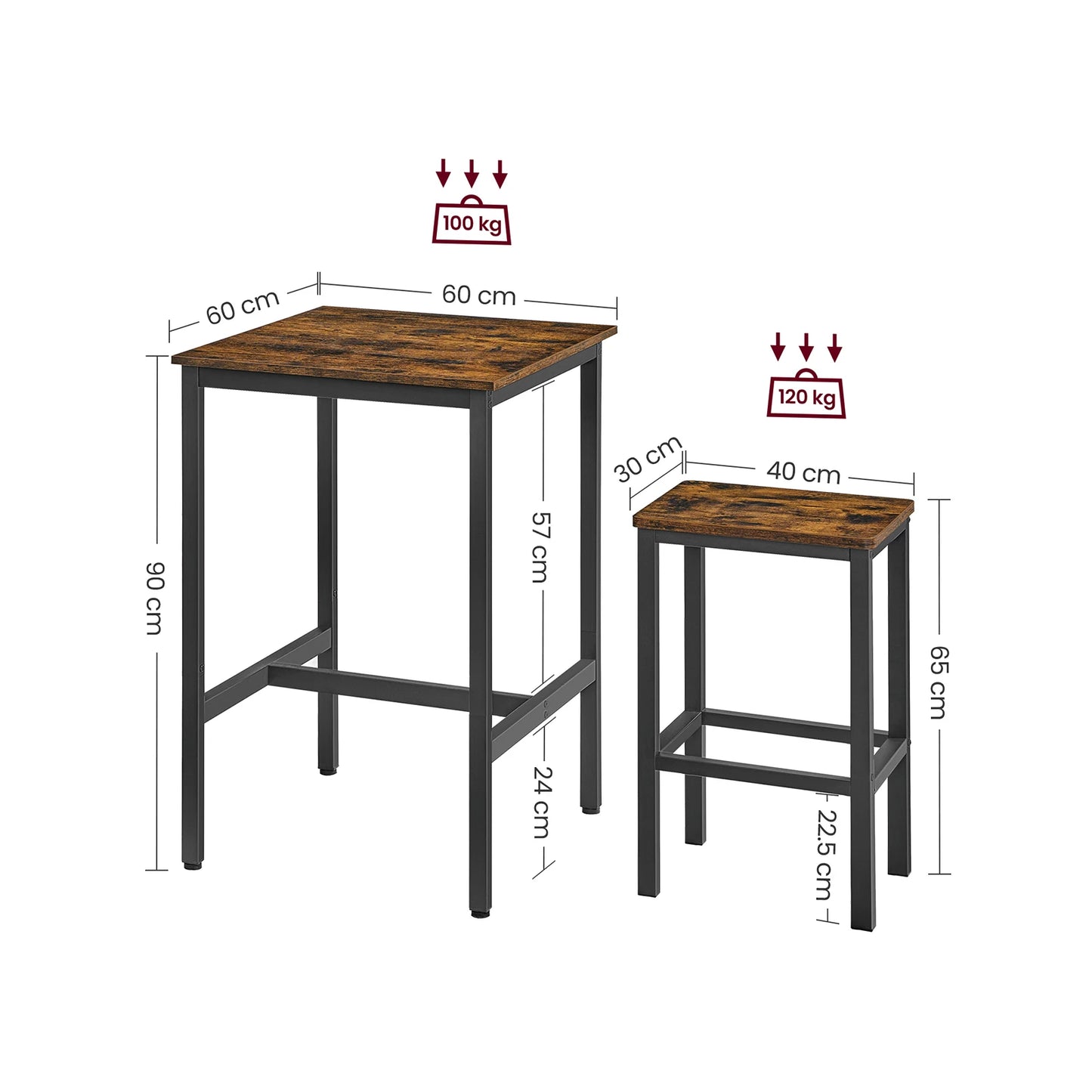 VASAGLE Bar Table and Chairs Set, Square Bar Table with 2 Bar Stools, Dining Pub Bar Table Set for 2, Space Saving for Kitchen