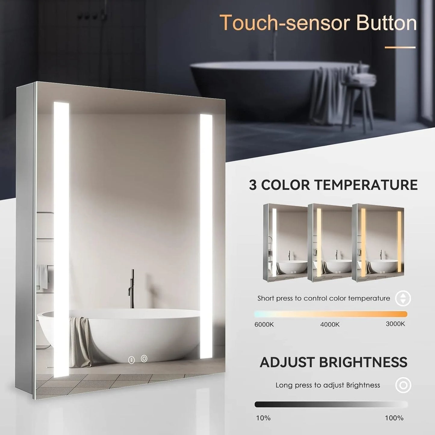 Mirror Cabinet with LED, Illuminated LED Bathroom Mirror Cabinet with Shaver Socket Dimmable Switch 3 Colors and Demister Pad