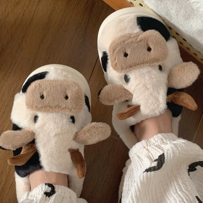 Winter Cow Cotton Slippers Cartoon Warm Plush Slides Shoes Couple's Indoor Non-slip Slides House Men and Women Home Flip Flops