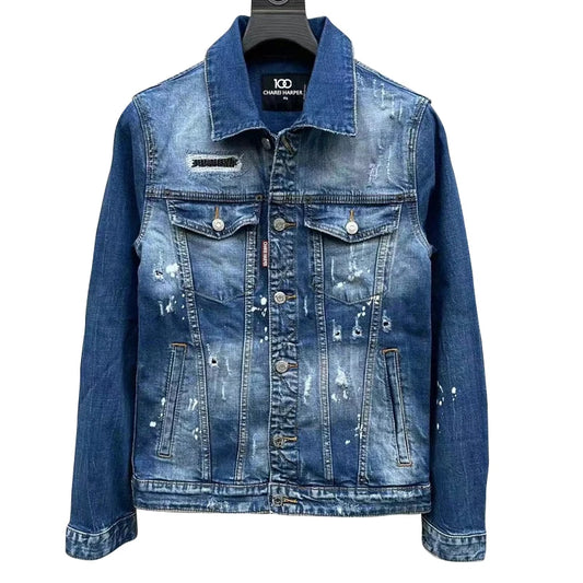 100 CHAREI HARPER 1918 Denim jacket men's high quality wash white coat young hipster men hole patch wash splash ink jacket