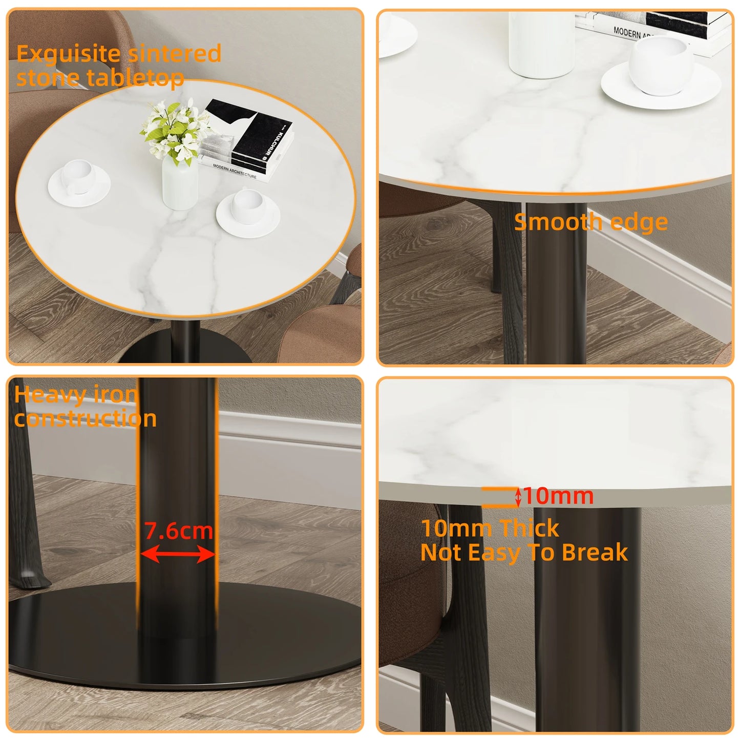 Round Cocktail Table with Metal Base, Cocktail Table, Sintered Stone Top, Kitchen and Dining Counter, 31 in Diameter