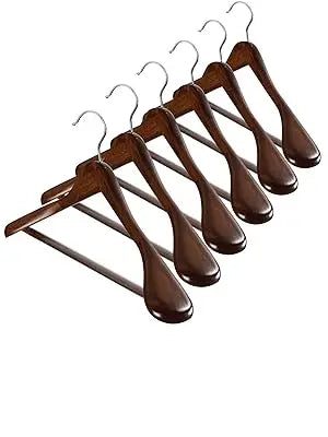 ZOBER High-Grade Wide Shoulder Wooden Hangers 6 Pack for Closet, Non Slip Pants Bar, Holds Upto 20lbs