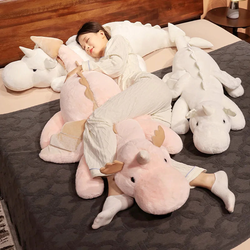 1pc 70-150cm Giant White Dragon Plush Toy With Unicorn Horn Flying Wings Dragons Dinos Hug Throw Pillow Dinos Nap Sleeping Gift