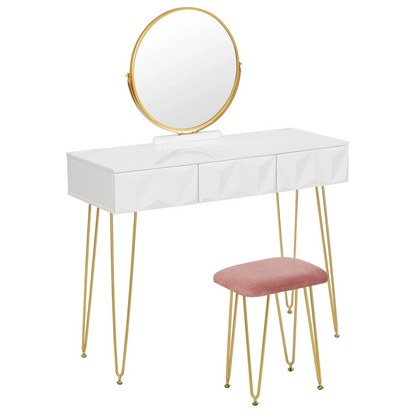 1SET White Gold Dressing Table  with 360° Swivel Mirror 3 Drawers 3D Effect Velvet Stool Cosmetic Makeup dressers for Bedroom