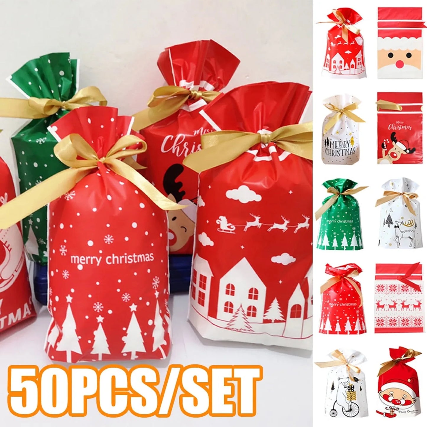 50pcs Christmas Candy Gift Bags Xmas Decorations Santa Gift Bag Navidad Xmas Gift Bags Cristmas Cookies Packing Bag 15x23.5cm