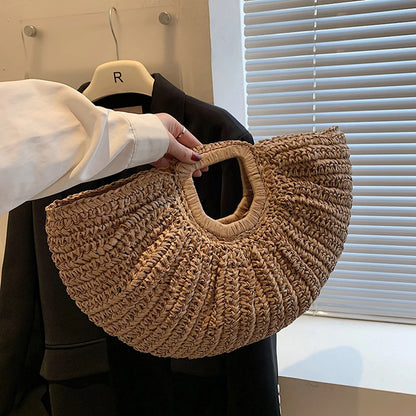 Women Handmade Straw Tote Bag Large Capacity Bohemia Moon Handbag Solid Color Simple Weaving Wrist Bag Summer Beach Bag