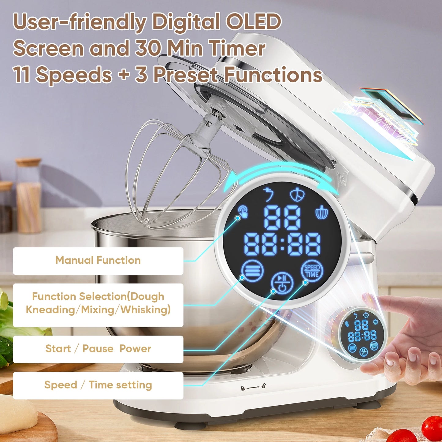 BioloMix Kitchen Food Stand Mixer, 1200W 11-Speeds DC Motor, Digital OLED Screen, Electric Food Mixer with Dough Hook, Whisk