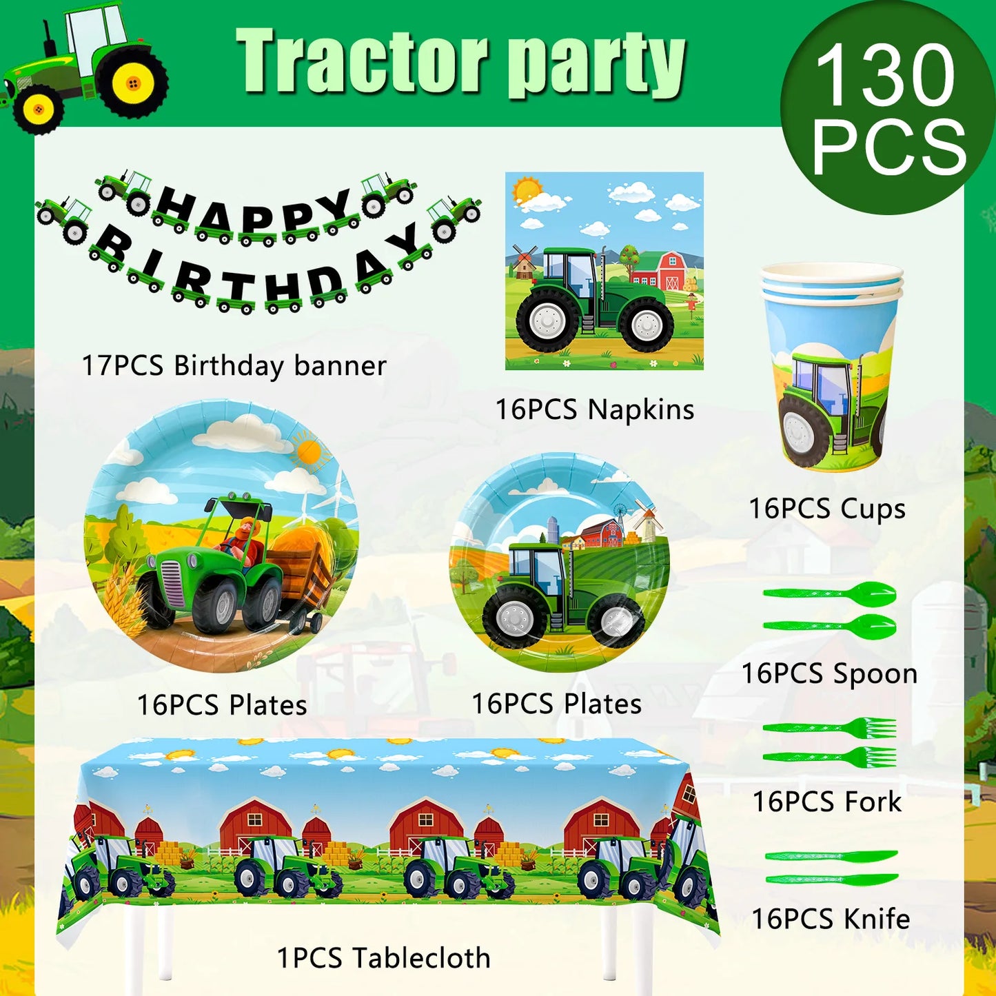 Tractor Birthday Party Supplies,130 pcs Decorations Tableware Pack-Tractor Plates and Napkins Cups Tablecloth&Banner etc