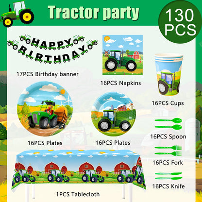 Tractor Birthday Party Supplies,130 pcs Decorations Tableware Pack-Tractor Plates and Napkins Cups Tablecloth&Banner etc