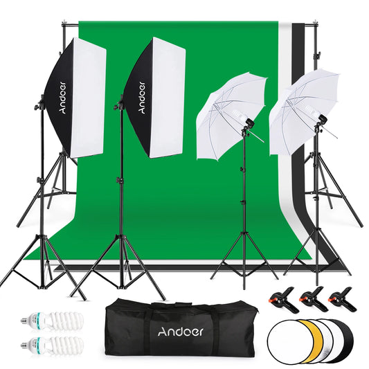 Andoer Photography Kit 1.8*2.7m Black White Green Cotton Backdrop 3pcs Fish-like Mount Clip 1pc 60cm 5in1 Photography Reflector