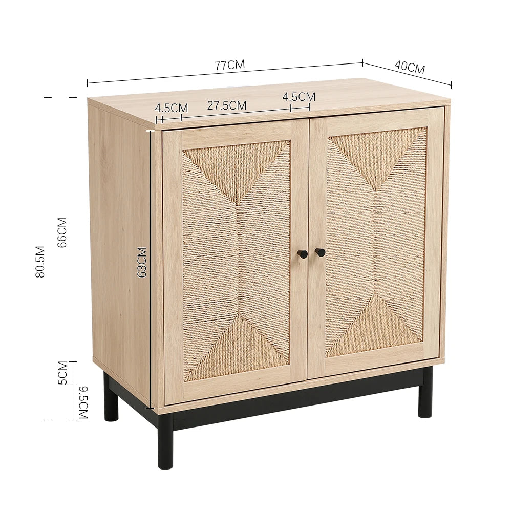 Rustic Wooden Sideboard with Woven Doors, 77cm W x 40cm D x 80.5cm H