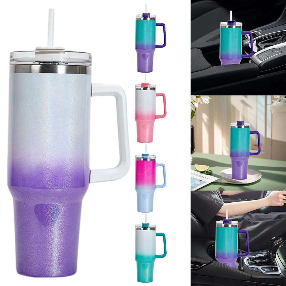 40oz Thermal Cup with Handle Straw Stainless Steel Keeps Cold and Heat Water Bottle Leak-proof Water Bottle Vacuum Thermos Cup