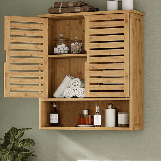 Natural Bamboo Wall-mounted Bathroom Cabinet, Kitchen Cupboard, Storage Organizer, Adjustable Shelf